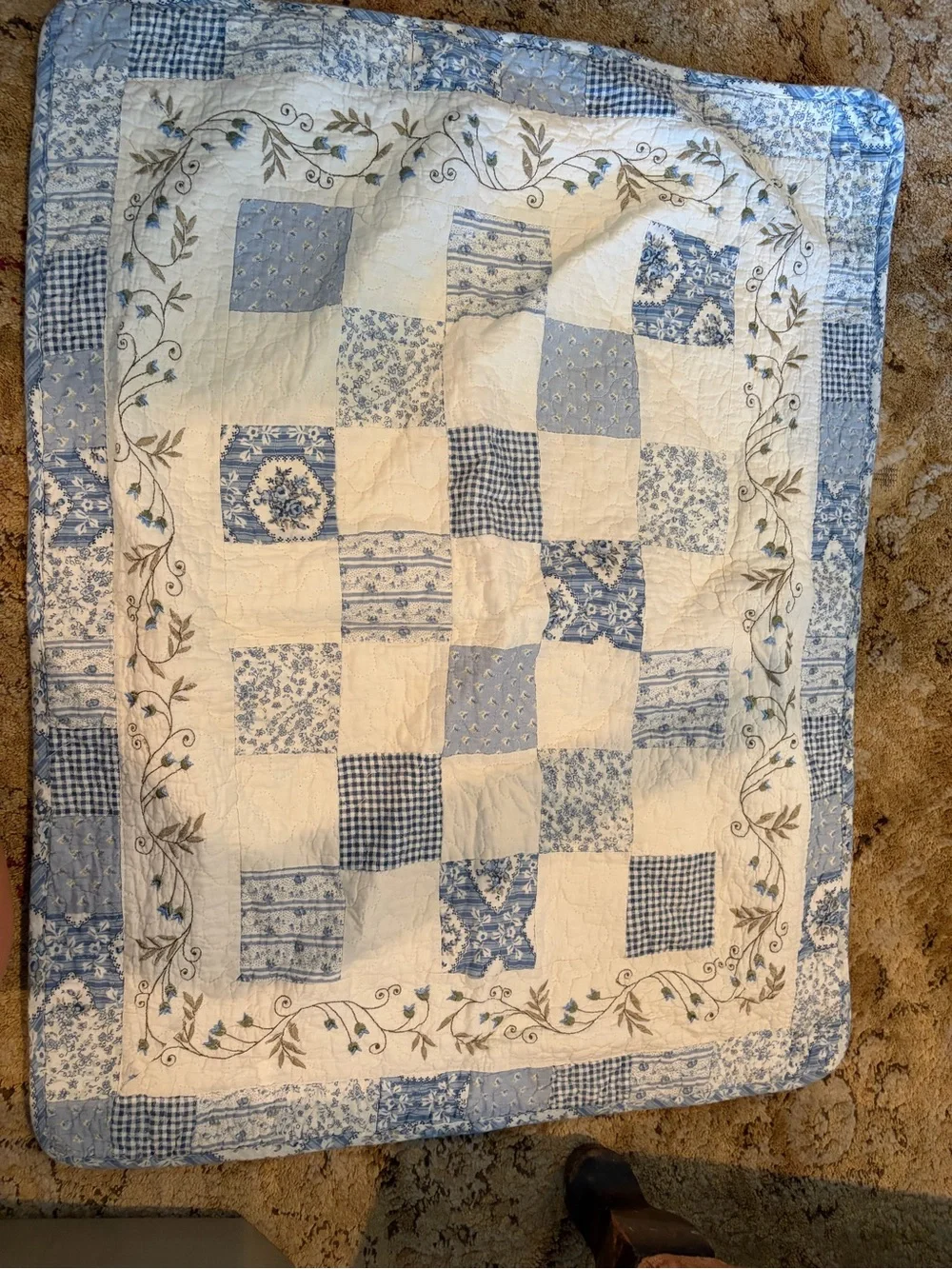 Trio 3 Blue and White Patchwork Quilted pillow Shams- Floral & Gingham